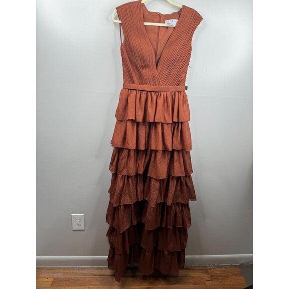 Ienna By Mac Duggal Tiered Column Maxi Gown in Nutmeg Sleeveless Sz. 2 NWT 49287 - Picture 3 of 6